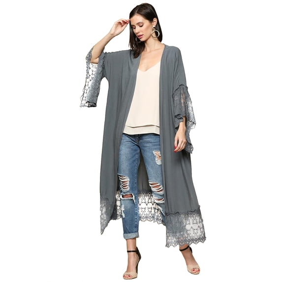 Womens Long Open Front Maxi Scallop Lace Boho Beach Coverup Kimono Cardigan