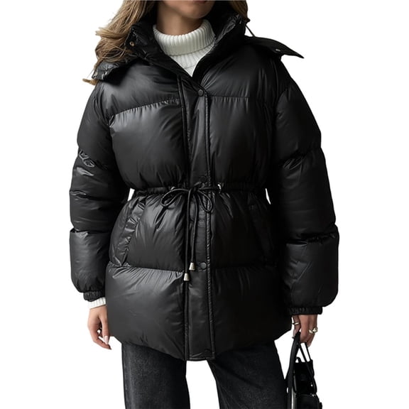 Womens Long Padded Jacket Coat - Midweight Long Parka Length Hooded Zipper Snow Winter Jackets for Women Black L