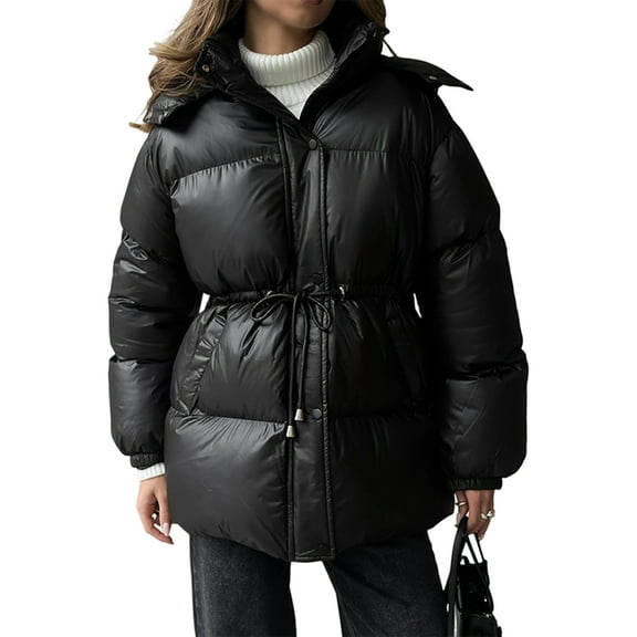 Womens Long Padded Jacket Coat - Midweight Long Parka Length Hooded Zipper Snow Winter Jackets for Women Black S
