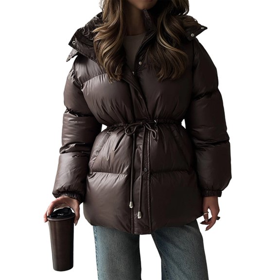 Womens Long Padded Jacket Coat - Midweight Long Parka Length Hooded Zipper Snow Winter Jackets for Women Brown S