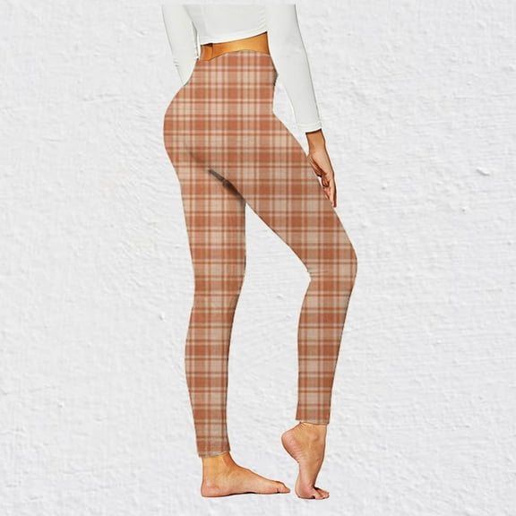Elvqul Womens Long Pants Elastic Waist Straight Leg Trousers for Women Plus Size Plaid Leggings Brown Casual Trendy