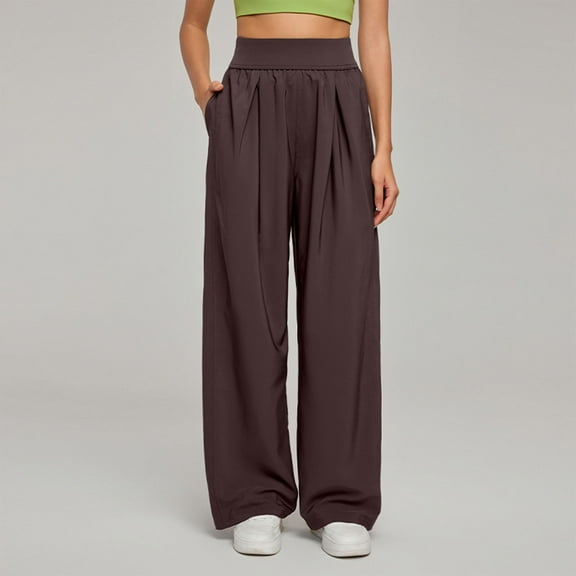 Elvqul Womens Long Pants Elastic Waist Wide Leg Trousers for Women Solid Bottoms Brown Casual Soft Baggy