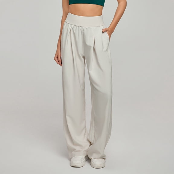 Elvqul Womens Long Pants Elastic Waist Wide Leg Trousers for Women Solid Bottoms White Casual Going Out