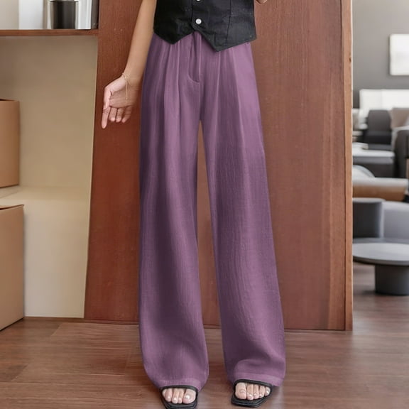 Elvqul Womens Long Pants High Waisted Wide Leg Trousers for Women Plain Bottoms Purple Casual Baggy