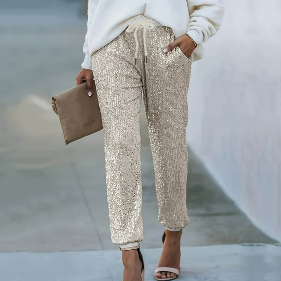 Elvqul Womens Long Pants Pockets Elastic Waist Straight Leg Trousers for Women Solid Bottoms Gold Casual Going Out