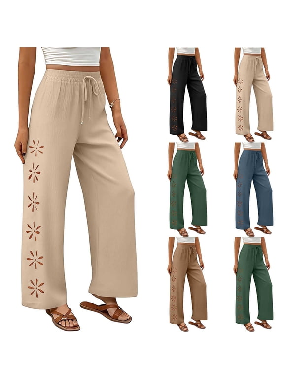 Womens Long Pants Solid Color Straight Leg Loose Fit Elastic Waist with Drawstring Side Pockets Split Hem Pants for Everyday Casual Wear Light Blue S