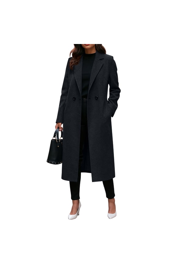 Womens Long Pea Coat Notch Lapel Double Breasted Trench Coat Fall Winter Overcoat Long Jacket Black M
