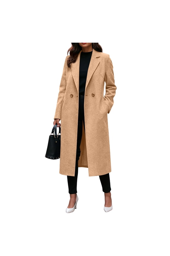 Womens Long Pea Coat Notch Lapel Double Breasted Trench Coat Fall Winter Overcoat Long Jacket Camel L
