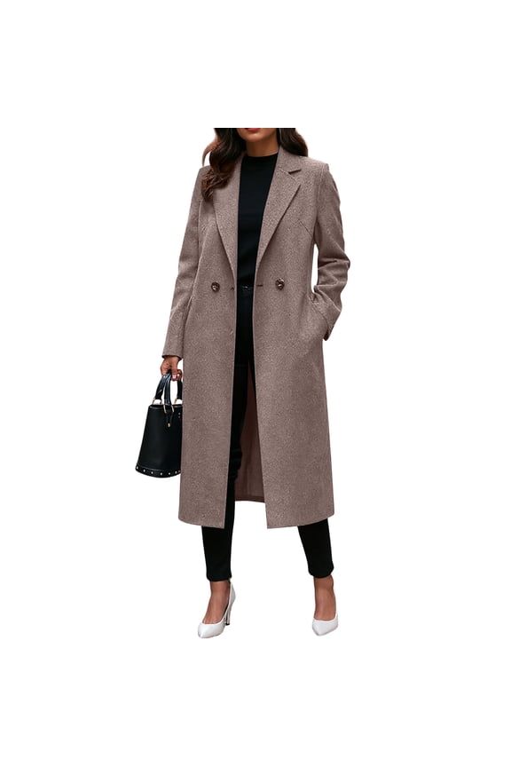 Womens Long Pea Coat Notch Lapel Double Breasted Trench Coat Fall Winter Overcoat Long Jacket Coffee M