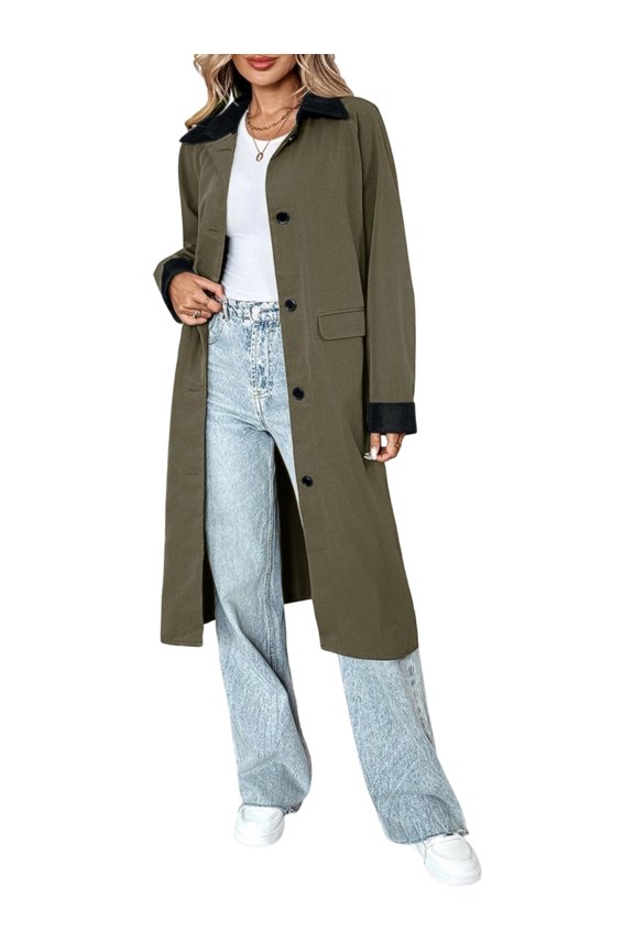 Womens Long Pea Coats Single Breasted Lapel Jackets Casual Oversized Button Down Long Overcoats with Pockets Green L