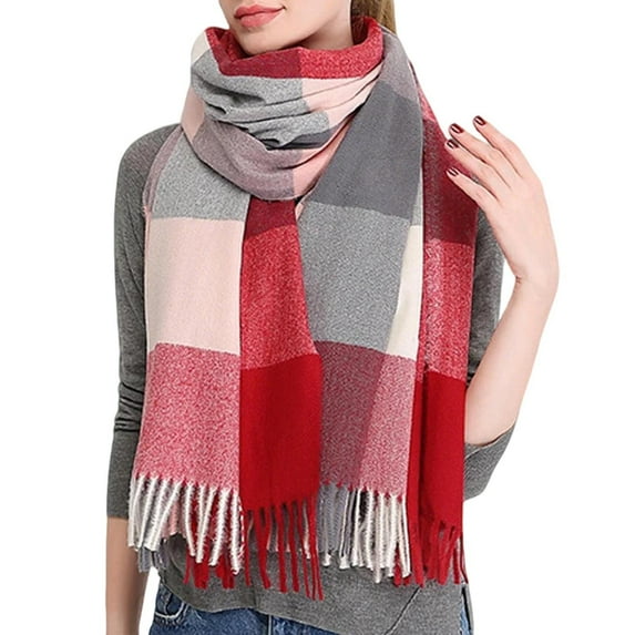 Womens Long Plaid Blanket Scarf Chunky Oversized Winter Fall Warm Scarf Big Tartan Scarves Tassel Fringe Wrap Shawl