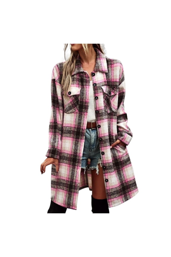 Womens Long Plaid Jacket Button Down Flannel Shacket Lapel Collor Shirts with Pockets Mid Length Fall Coat (2XL, Pink)