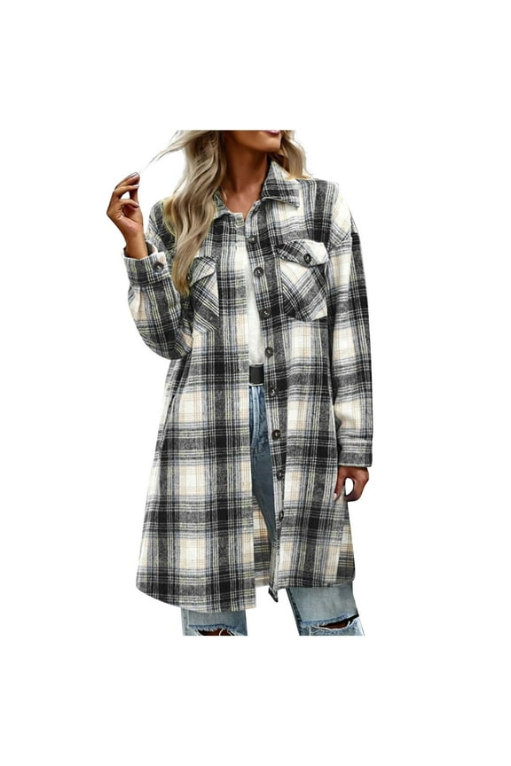 Womens Long Plaid Jacket Button Down Flannel Shacket Lapel Collor Shirts with Pockets Mid Length Fall Coat (M, Black)