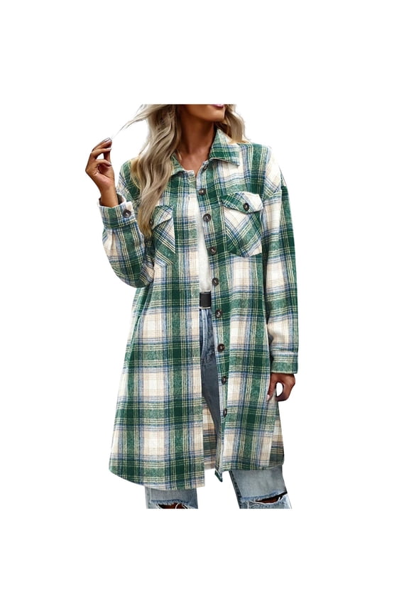 Womens Long Plaid Jacket Button Down Flannel Shacket Lapel Collor Shirts with Pockets Mid Length Fall Coat (S, Green)