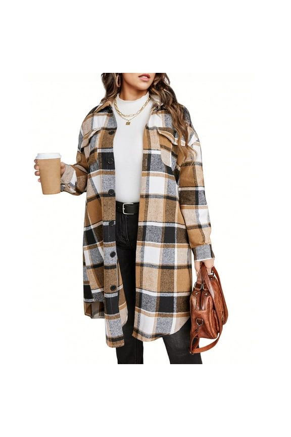 Womens Long Plaid Shacket Jacket Winter Fashion Colorful Plaid Shirt Brushed Fleece Loose Casual Windproof Plaid Coat