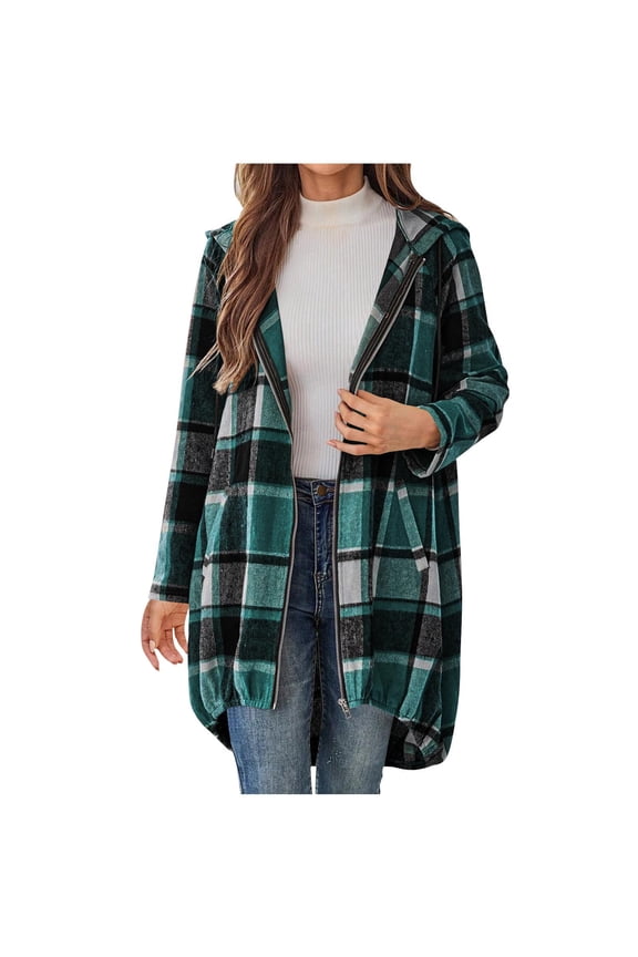 Womens Long Plaid Shacket Jackets Full Zip Up Hoodie Womens Fall Clothes Long Sleeve Hooded Jackets Fashion Outfits with Pockets