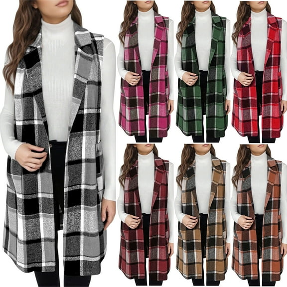 Womens Long Plaid Vest Jacket Casual Lapel Open Front Sleeveless Coat Shacket Fall Winter Lightweight Outerwear with Pocket