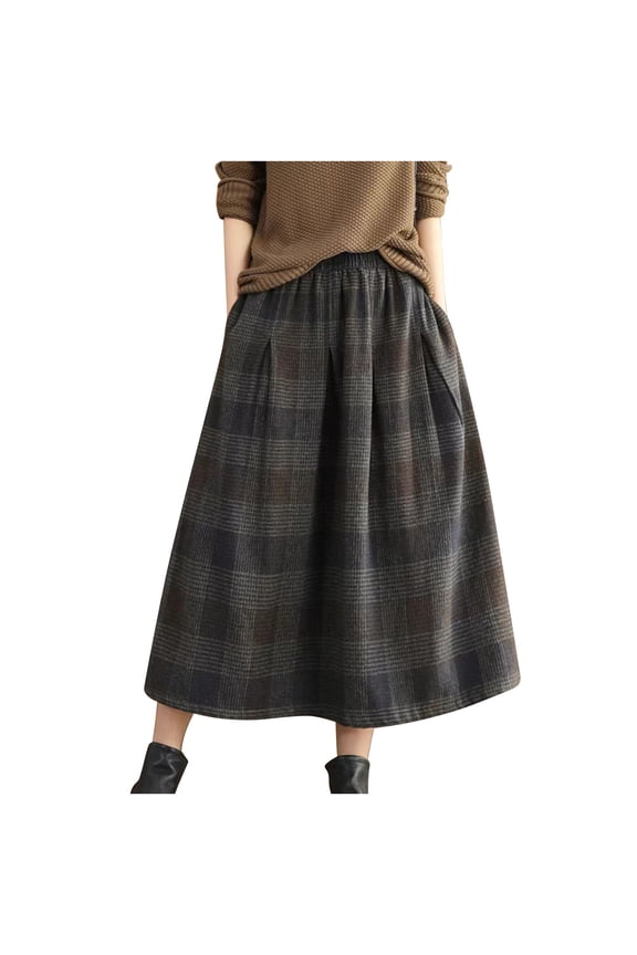 Womens Long Plaid Wool Skirt Elastic Waist A-Line Pleated Tartan Long Skirts with Pockets