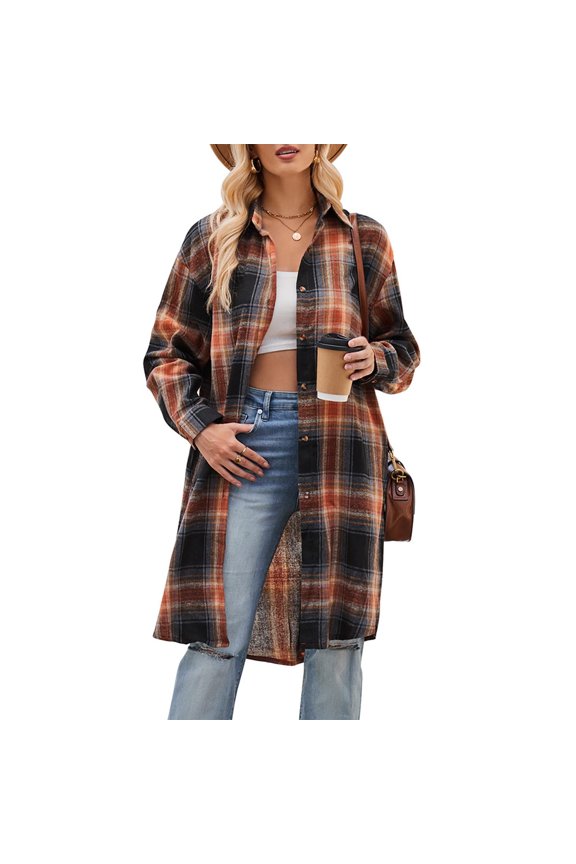 Womens Long Plaids Shacket Jacket Casual Fashion Lapel Button Down Long Sleeve Long Plaids Coat Jackets with Pockets