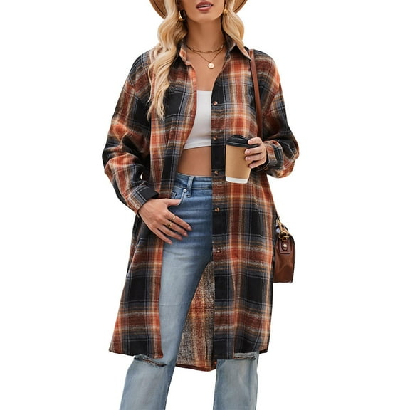 Womens Long Plaids Shacket Jacket Casual Fashion Lapel Button Down Long Sleeve Long Plaids Coat Jackets with Pockets