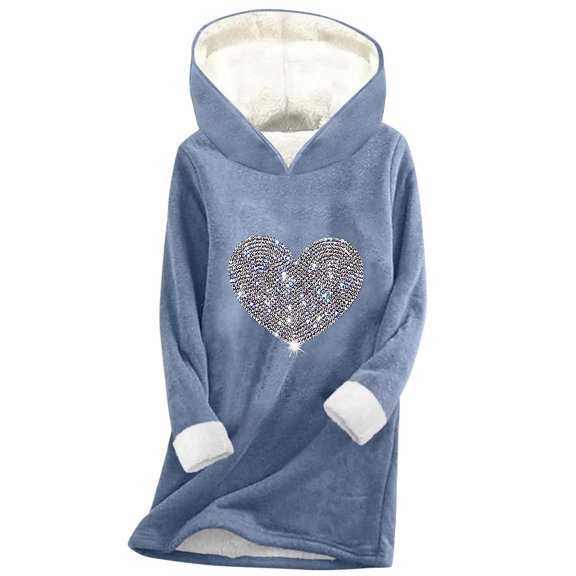 Womens Long Plush Hoodies Fall Winter Trendy Fleece Thermal Pullover Cute Graphic Print Casual Comfy Loose Tops (3XL, Blue-C)