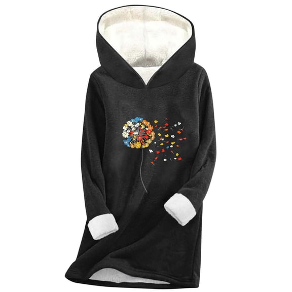 Womens Long Plush Hoodies Fall Winter Trendy Fleece Thermal Pullover Cute Graphic Print Casual Comfy Loose Tops (L, Black-A)