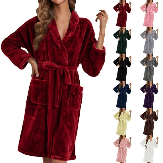 Womens Long Plush Robe Cozy Soft Bathrobe Shawl Collar Spa Style House Coat
