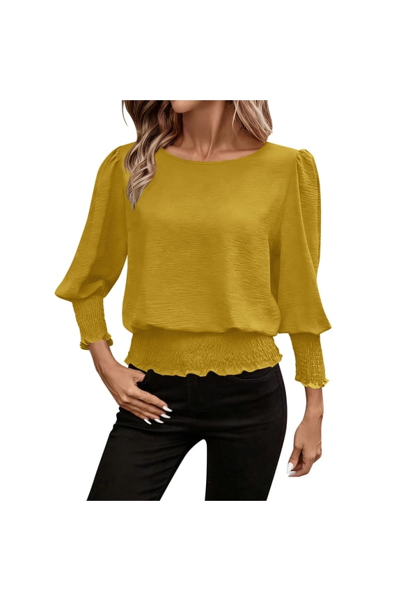 Womens Long Puff Sleeve Blouse Smocked Waist Tunics, Textured Crewneck Regular Fit Solid Color Casual Flowy Peplum Summer Tops 2026 Fashion Clothes Ruffle Lettuce Hem