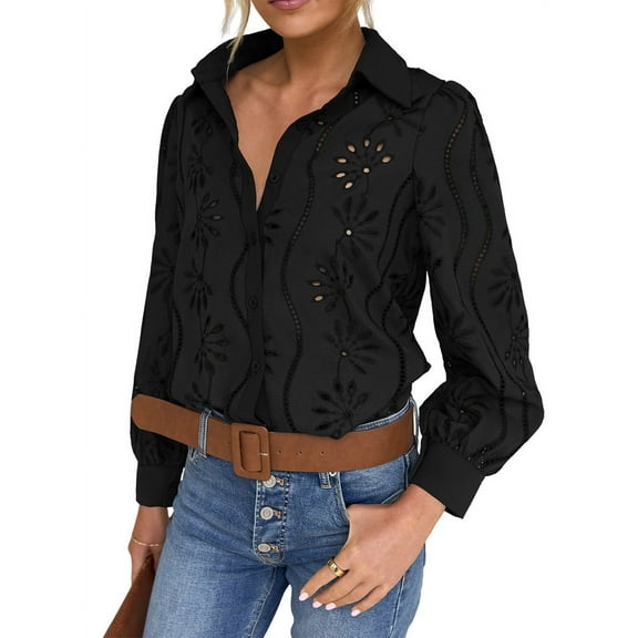 Womens Long Puff Sleeve Blouse V Neck Buttons Hollow Out Lace Embroidered Blouses Shirts Black L