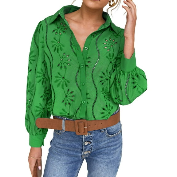 Womens Long Puff Sleeve Blouse V Neck Buttons Hollow Out Lace Embroidered Blouses Shirts Green XS