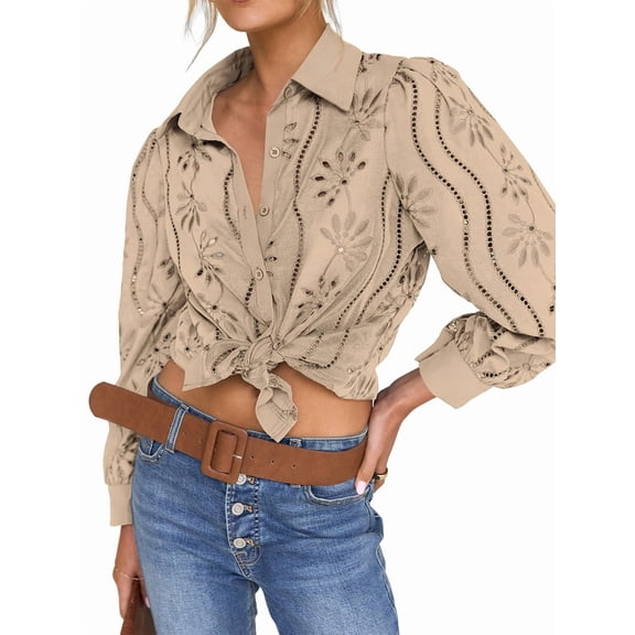 Womens Long Puff Sleeve Blouse V Neck Buttons Hollow Out Lace Embroidered Blouses Shirts  L
