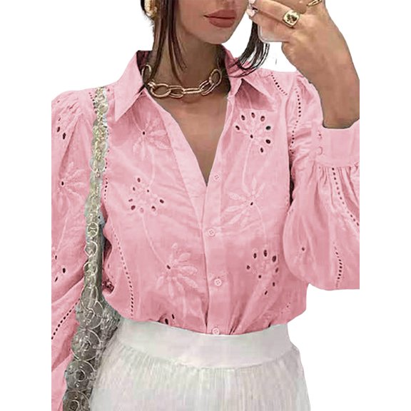 Womens Long Puff Sleeve Blouse V Neck Buttons Hollow Out Lace Embroidered Blouses Shirts Pink XL