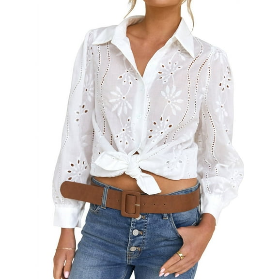 Womens Long Puff Sleeve Blouse V Neck Buttons Hollow Out Lace Embroidered Blouses Shirts White S