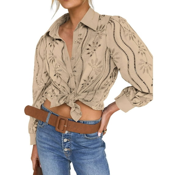 Womens Long Puff Sleeve Blouse V Neck Buttons Hollow Out Lace Embroidered Blouses Shirts XS