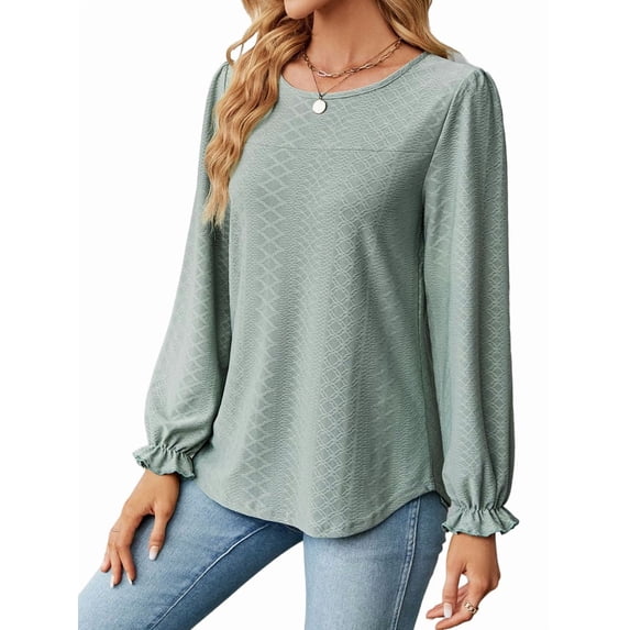 Womens Long Puff Sleeve Shirts Casual Tops Dressy Blouses Tunic Fall Fashion 2025 Trendy Loose Outfits Dark Green S