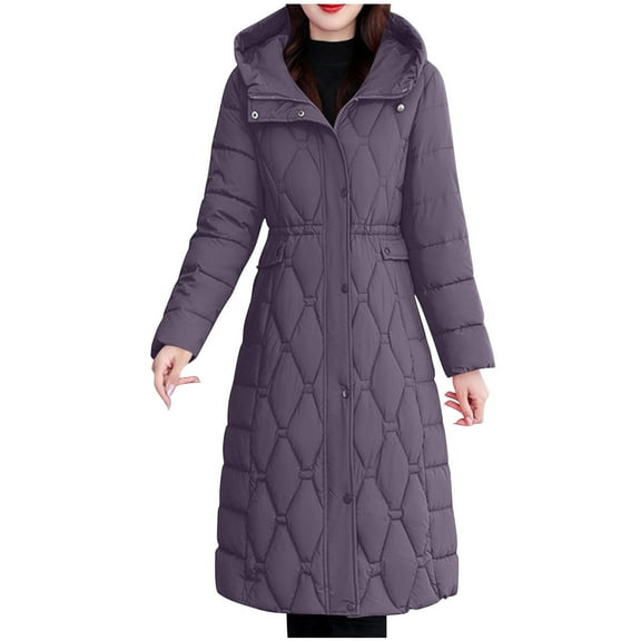 Womens Long Puffer Coat Lightweight Diamond Quilted Slim Full Zipper Hooded Long Sleeve Parkas