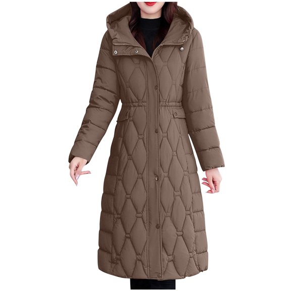 Womens Long Puffer Coat Lightweight Diamond Quilted Slim Full Zipper Hooded Long Sleeve Parkas