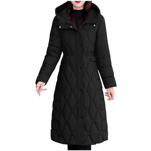 Womens Long Puffer Coat Lightweight Diamond Quilted Slim Full Zipper Hooded Long Sleeve Parkas