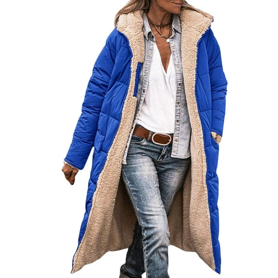 Womens Long Puffer Coat Reversible Fleece Jacket Shearling Sherpa Parka Jackets Loose Winter Coats for Women with Hood