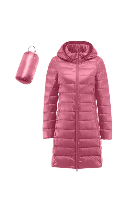 Womens Long Puffer Jacket Packable Lightweight Full Zip Hooded Down Tunic Coat Windproof Pockets Winter Overcoat (4XL, Pink)