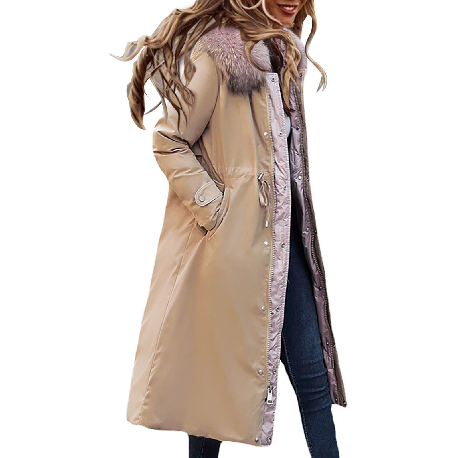 Womens Long Puffer Jacket Zip Up Down Coat with Faux Fur Hood ...