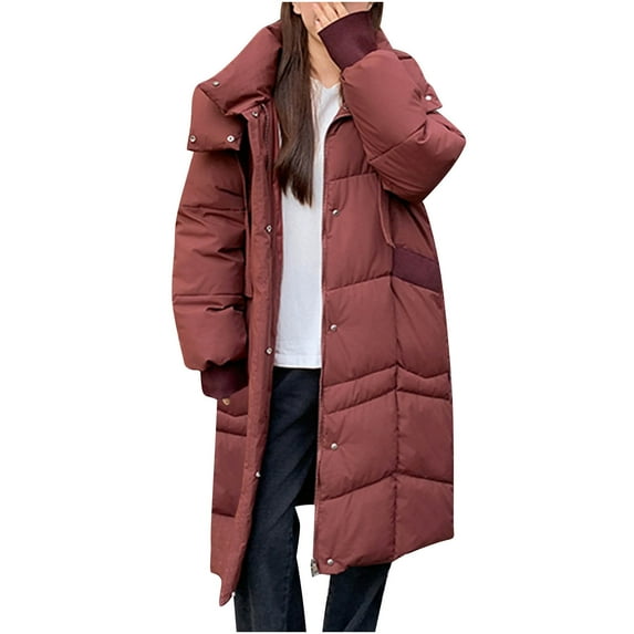 Womens Long Puffer Jacket with Detachable Hood Elastic Ribbed Cuffs Thicken Down Coat Quilted Warm Winter Overcoat (L, Red)