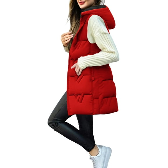 Womens Long Puffer Vest 2025 Winter Warm Quilted Sleeveless Jackets with Hood Stand Collar Puffy Zip Up Fall Outerwear Red M