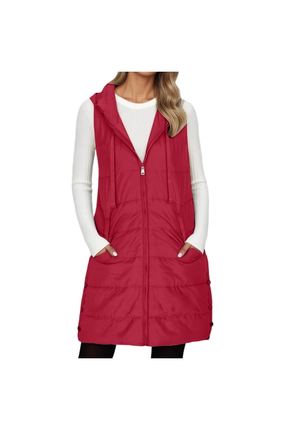 Womens Long Puffer Vest Fall Winter Trendy Zip Up Sleeveless Coat Down Jacket Quilted Hooded Warm Outerwear