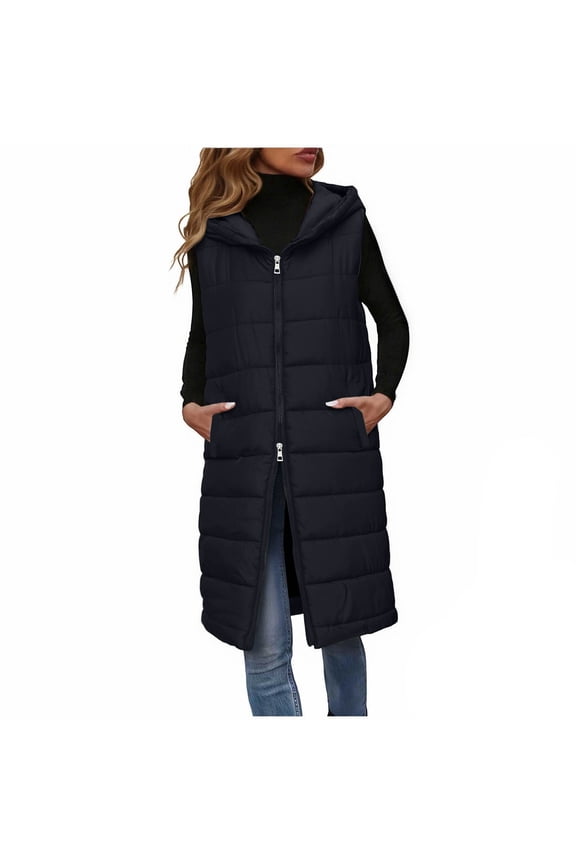 Womens Long Puffer Vest Hooded Jackets Mid-length Warm Dual Zippers Cotton Down Coat Winter Outwear with Pockets (2XL, Black)