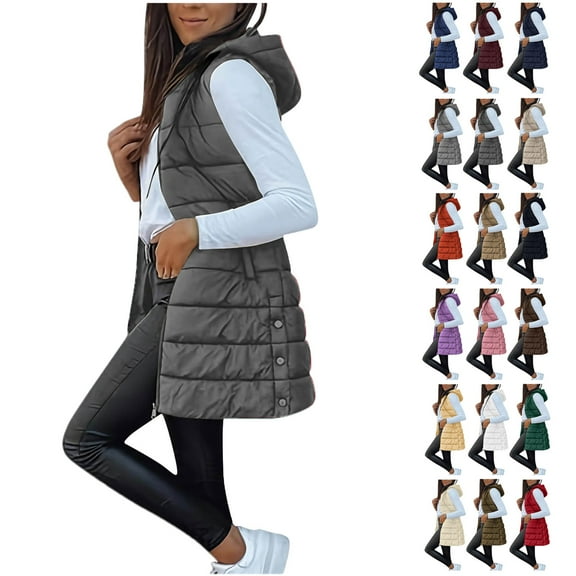 Womens Long Puffer Vest Sleeveless Hooder Down Jacket Lightweight Winter Coats for Women Stand Collar Loose Puffy Jackets With Pockets Warm Winter Quilted Outwear Dark Gray M