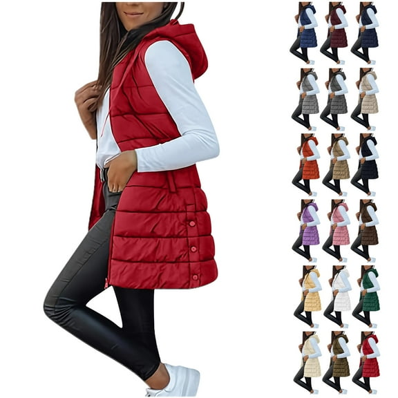 Womens Long Puffer Vest Sleeveless Hooder Down Jacket Lightweight Winter Coats for Women Stand Collar Loose Puffy Jackets With Pockets Warm Winter Quilted Outwear Red M