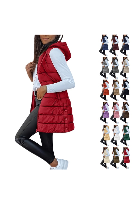 Womens Long Puffer Vest Sleeveless Hooder Down Jacket Lightweight Winter Coats for Women Stand Collar Loose Puffy Jackets With Pockets Warm Winter Quilted Outwear Red XXL