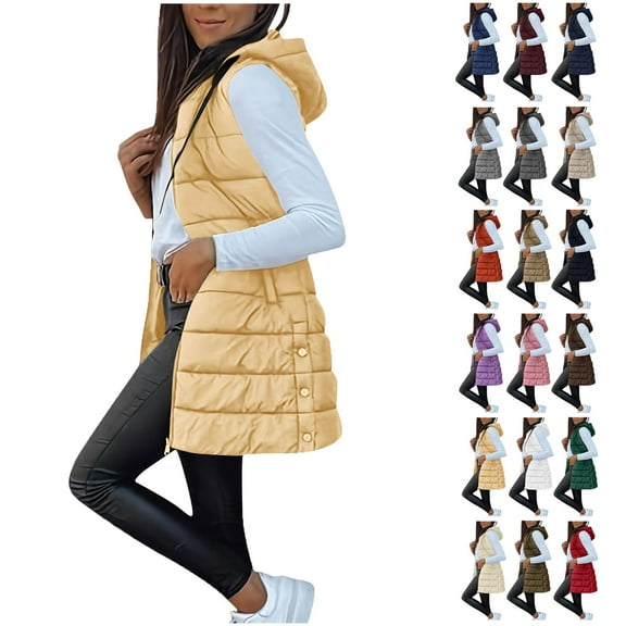 Womens Long Puffer Vest Sleeveless Hooder Down Jacket Lightweight Winter Coats for Women Stand Collar Loose Puffy Jackets With Pockets Warm Winter Quilted Outwear Yellow M
