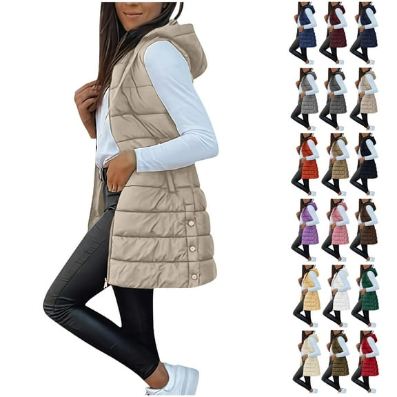 Womens Long Puffer Vest Sleeveless Hooder Down Jacket Lightweight Winter Coats for Women Stand Collar Loose Puffy Jackets With Pockets Warm Winter Quilted Outwear Light Brown M